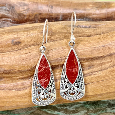 ER 15547 CR-(HANDMADE 925 BALI STERLING SILVER FILIGREE EARRINGS WITH CORAL)